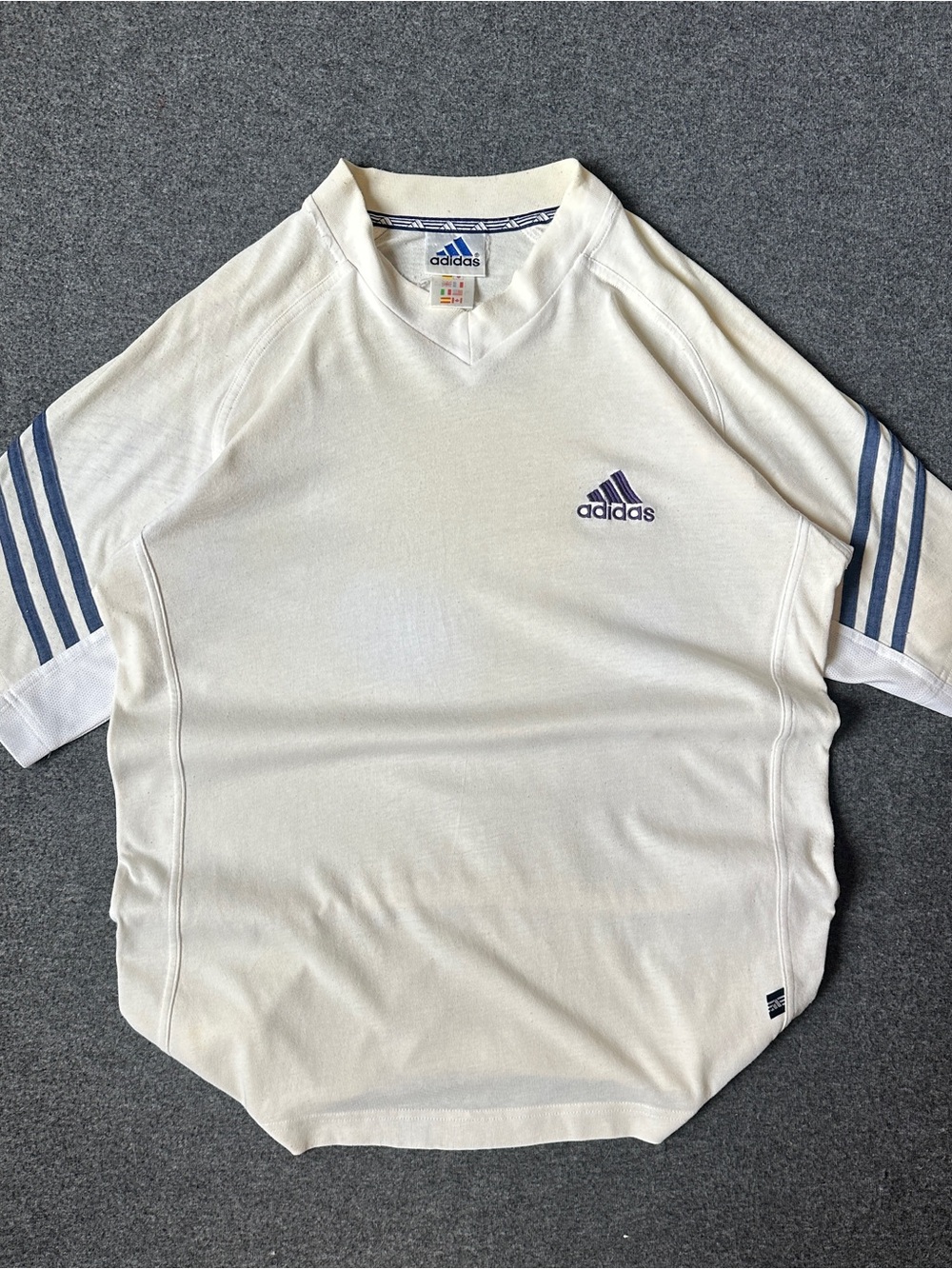 adidas cream Short-Sleeve Tee with Blue Sleeve Stripes